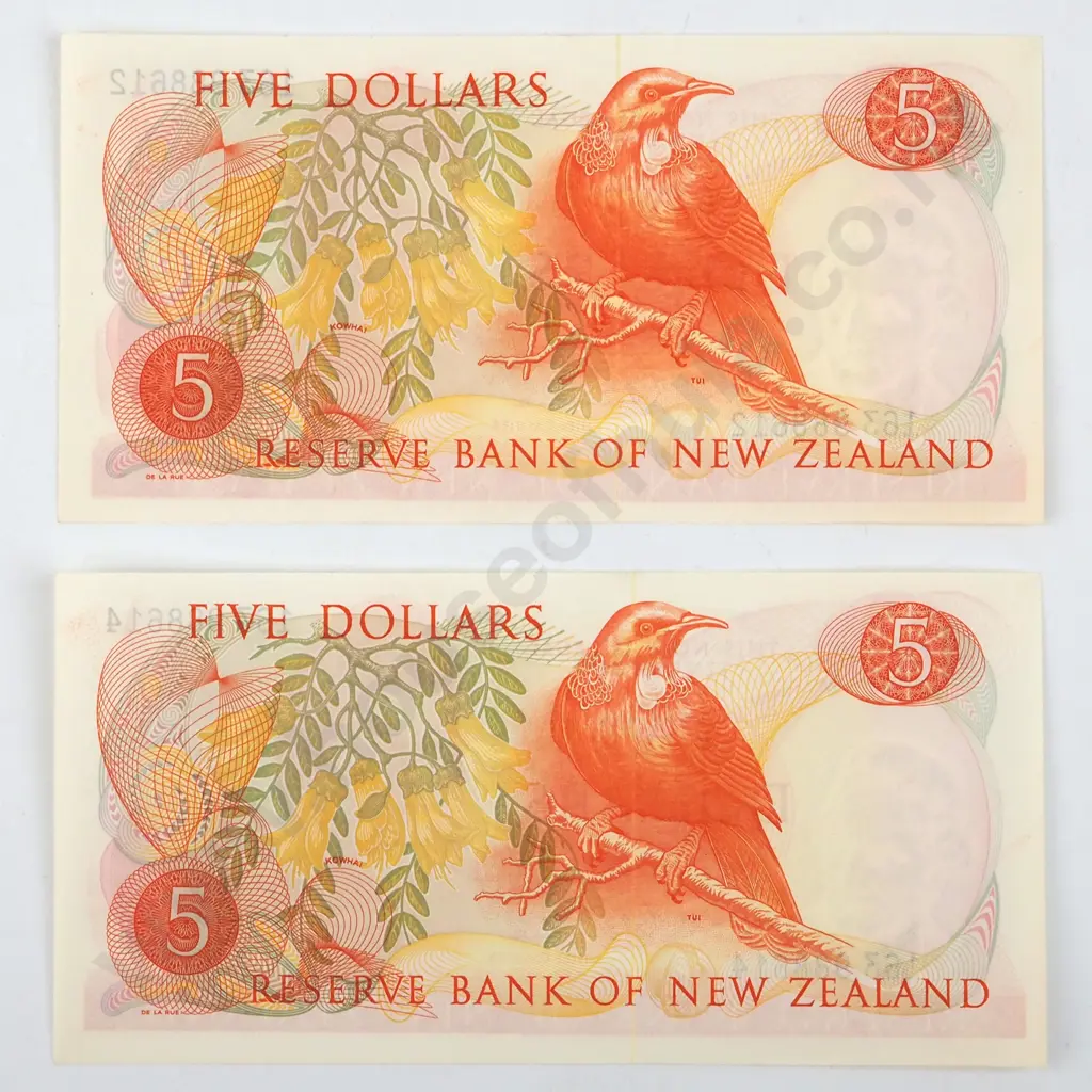 Two Almost Consecutive New Zealand Five Dollar AUNC Hardie Banknotes (12 & 16)  Image 1++