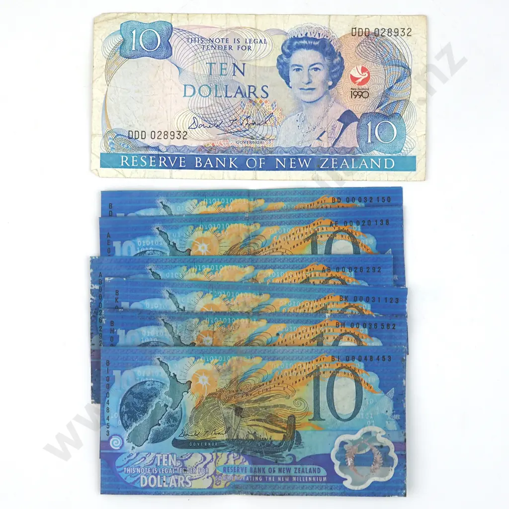 Six New Zealand Ten Dollar Millennium Banknotes & 1990 10 Dollar - Circulated  Image 1++