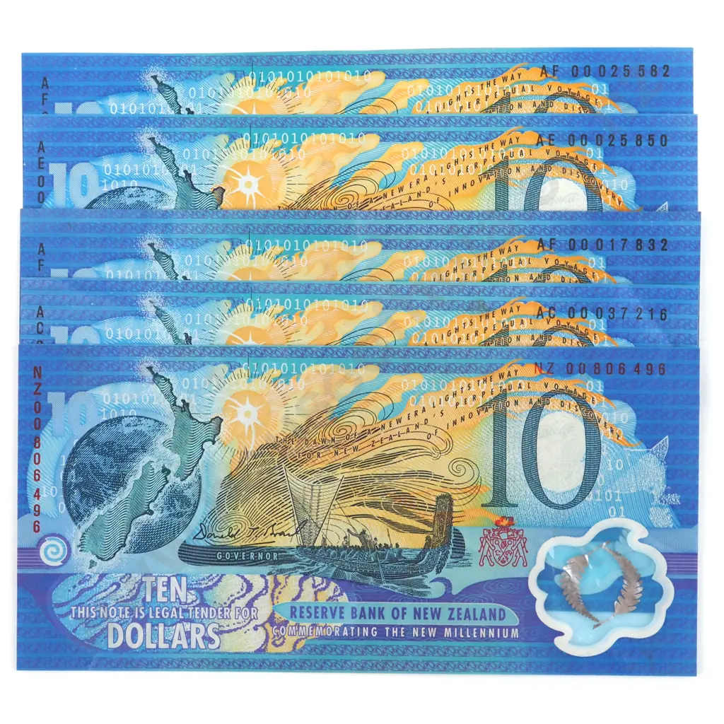 Five New Zealand Ten Dollar Millennium Banknotes - One Red Serial  Image 1++