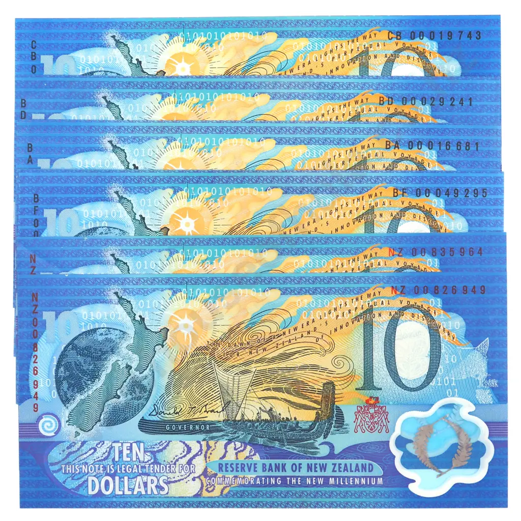Seven New Zealand 10 Dollar Millennium AUNC Banknotes - Two Red Serials   Image 1++