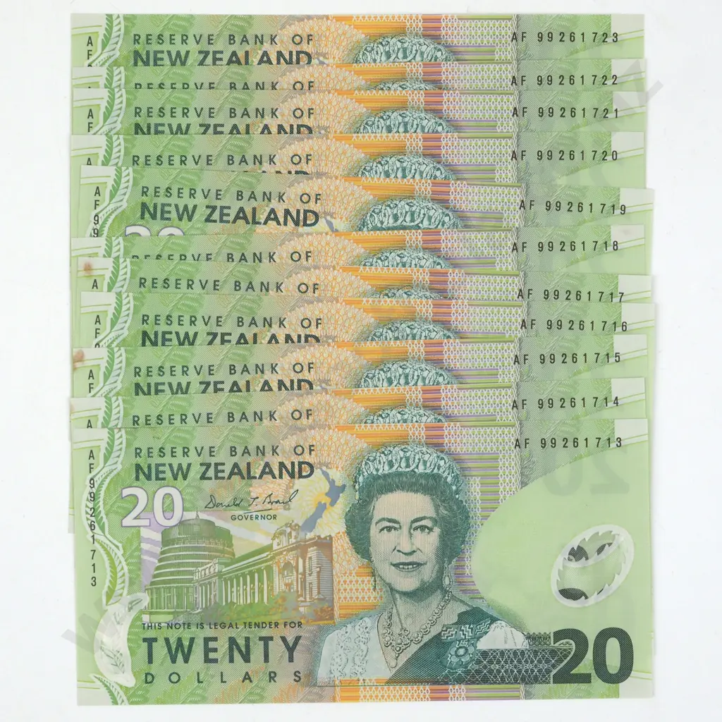 11 Consecutive New Zealand 20 Dollar Brash Banknotes Image 1++