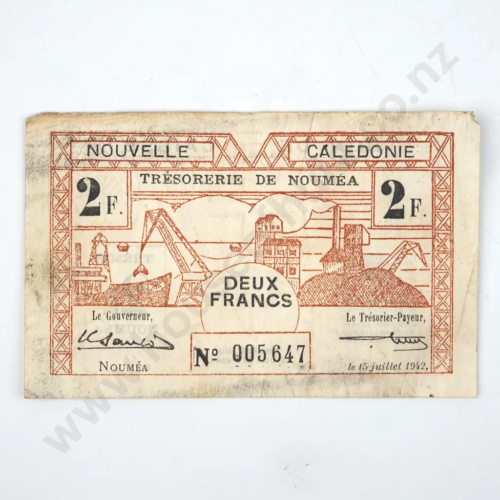 1942 New Caledonia 2 Franc Banknote  Image 1++