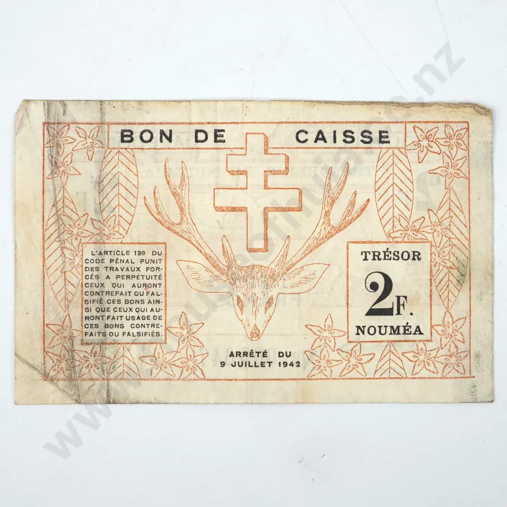 1942 New Caledonia 2 Franc Banknote  Image 1++