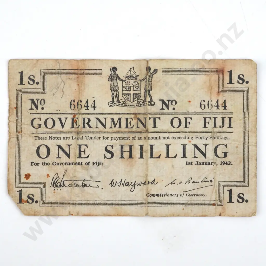 1942 Fiji One Shilling Banknote  Image 1++