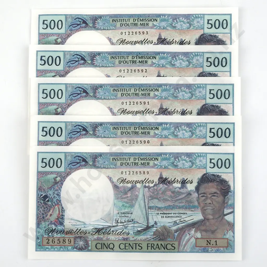 Five X 500 Franc New Hebrides Consecutive Banknotes CV $675 USD Image 1++