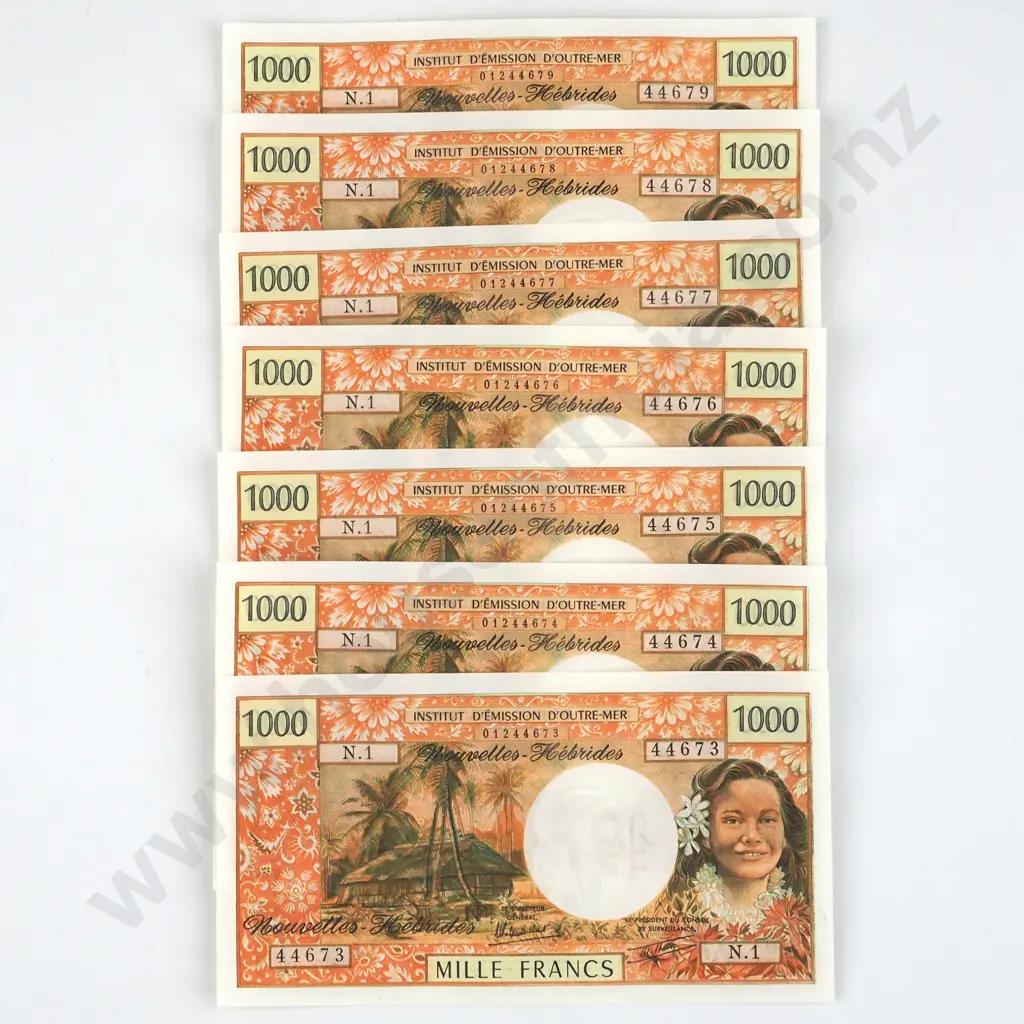 Seven X 1000 Franc New Hebrides Consecutive Banknotes CV $1295 USD Image 1++