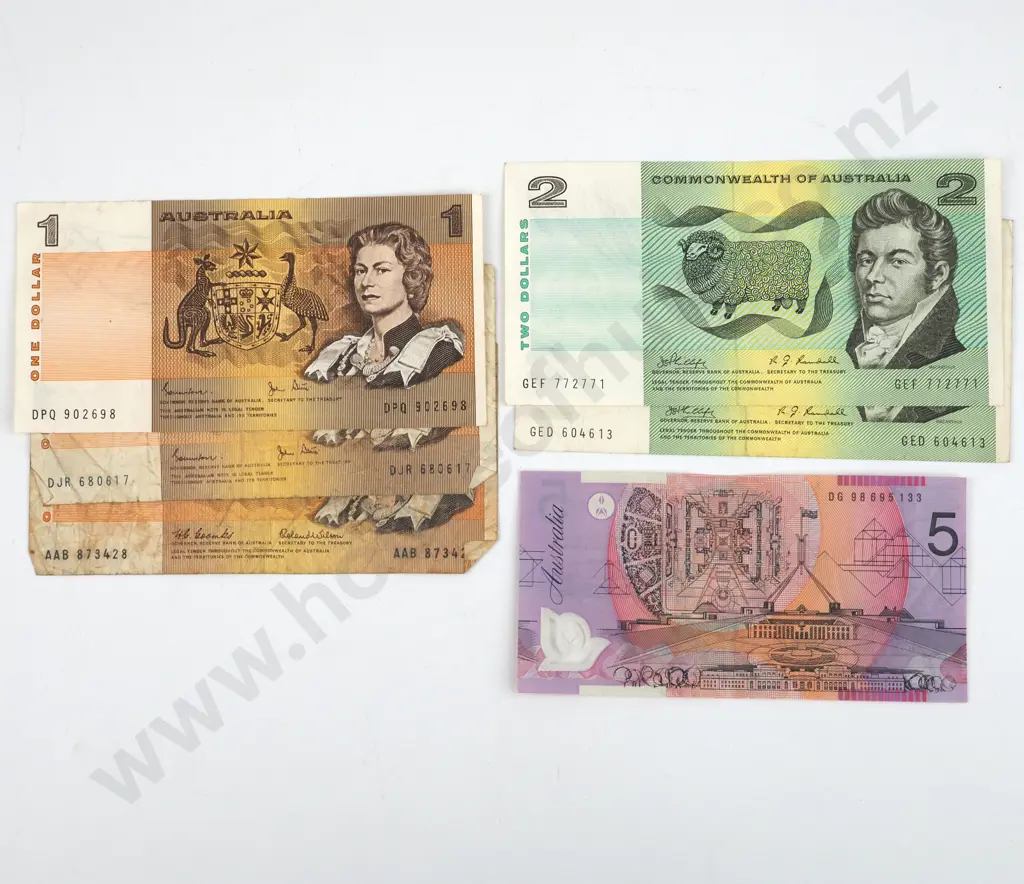 Assorted Australian Banknotes: 3X One Dollar, 2X Two Dollar & One Five Dollar  Image 1++