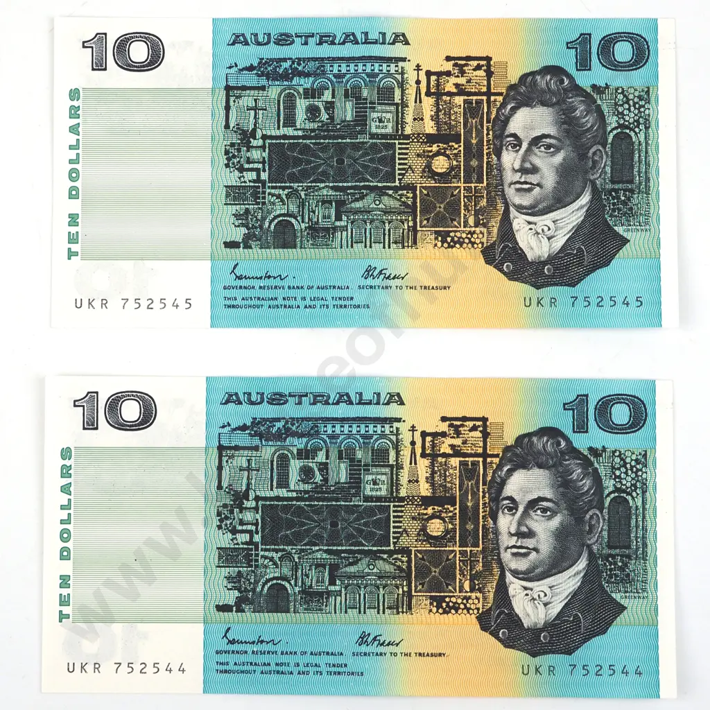 Two Consecutive Australian Ten Dollar Banknotes - AUNC w Centrefold  Image 1++