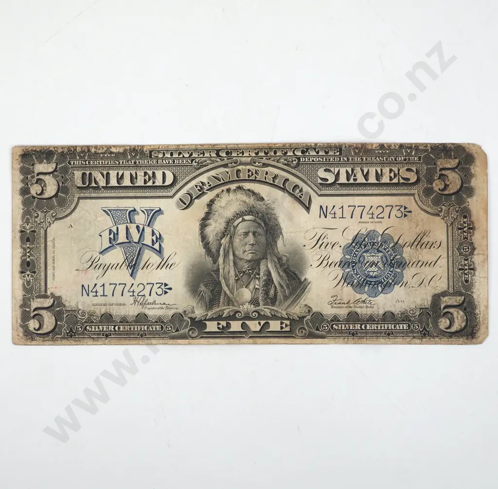 1899 United States of America $5 Silver Certificate Banknote - Right Corners Very Rounded & Toned - VG  Image 1++