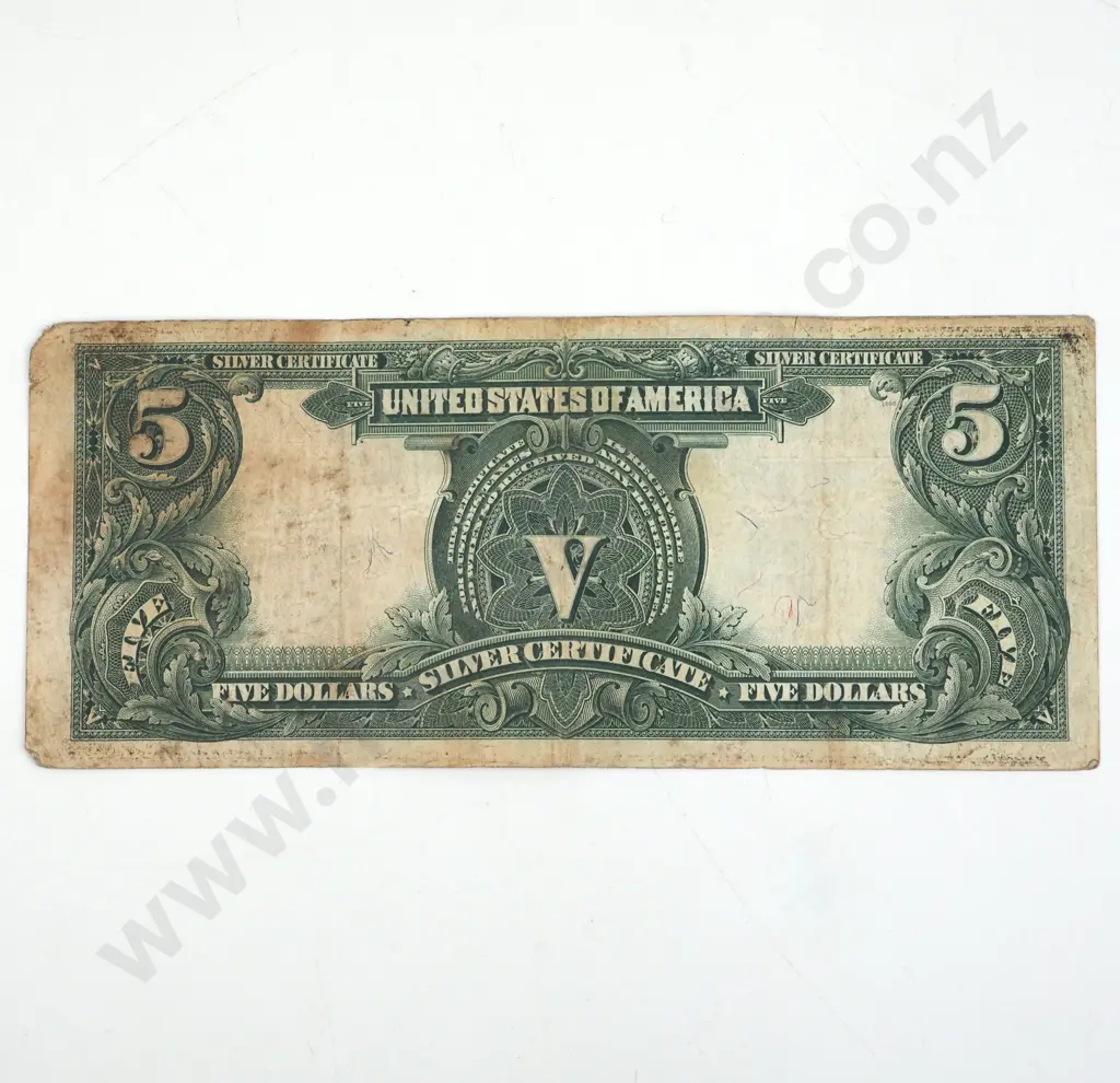 1899 United States of America $5 Silver Certificate Banknote - Right Corners Very Rounded & Toned - VG  Image 1++