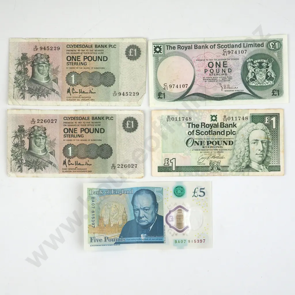 Assorted United Kingdom Scottish Pound Banknotes & 5 Pound Banknote  Image 1++