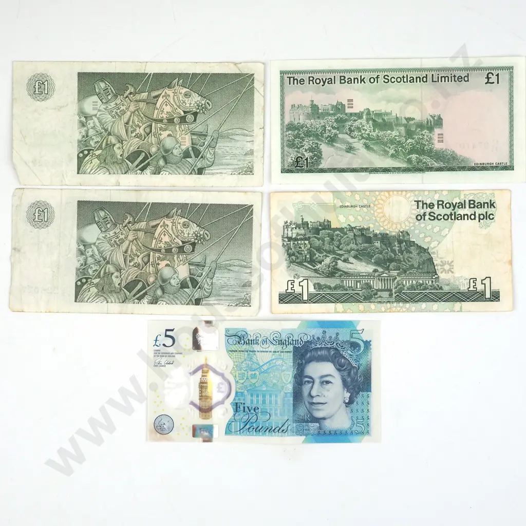 Assorted United Kingdom Scottish Pound Banknotes & 5 Pound Banknote  Image 1++
