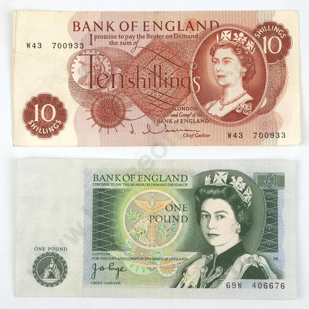 United Kingdom 10 Shillings & One Pound Banknotes Image 1++