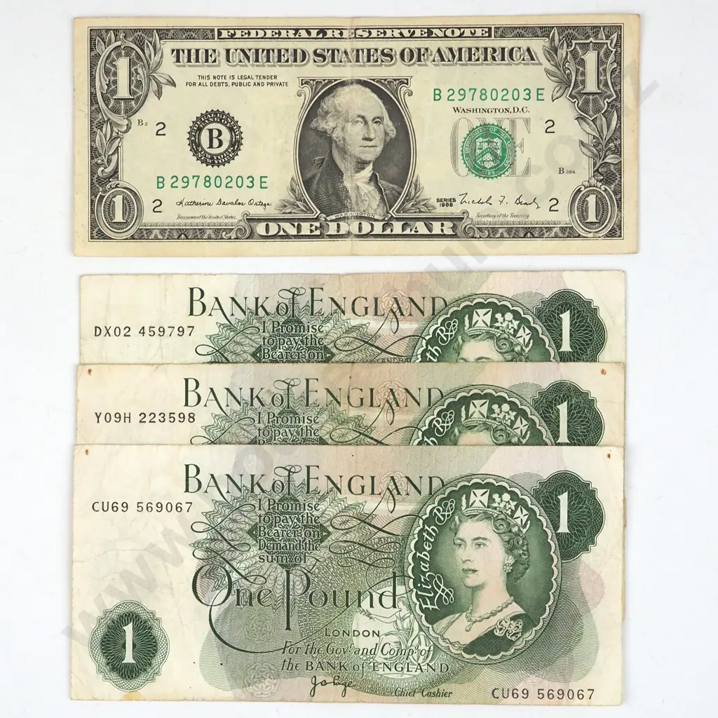 Three United Kingdom One Pound Banknotes & One U.S.A Banknote - All Circulated - Some Pinholes  Image 1++