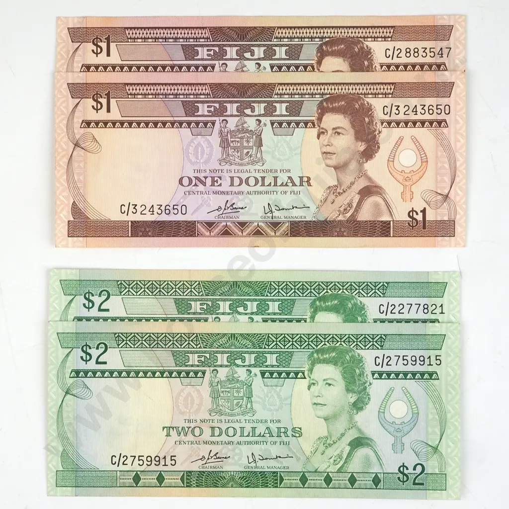 Fiji Banknotes - Two $1 & Two $2 - Better Grades  Image 1++