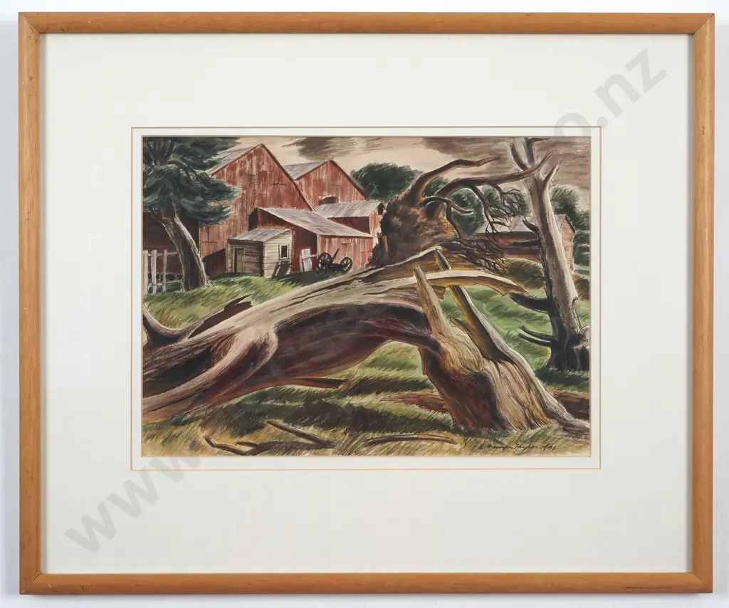 E Mervyn Taylor. Barn, Makara. Watercolour & Ink. Image 1++