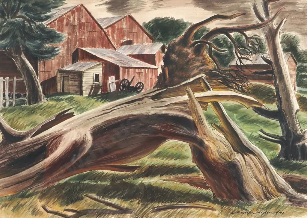 E Mervyn Taylor. Barn, Makara. Watercolour & Ink. Image 1++
