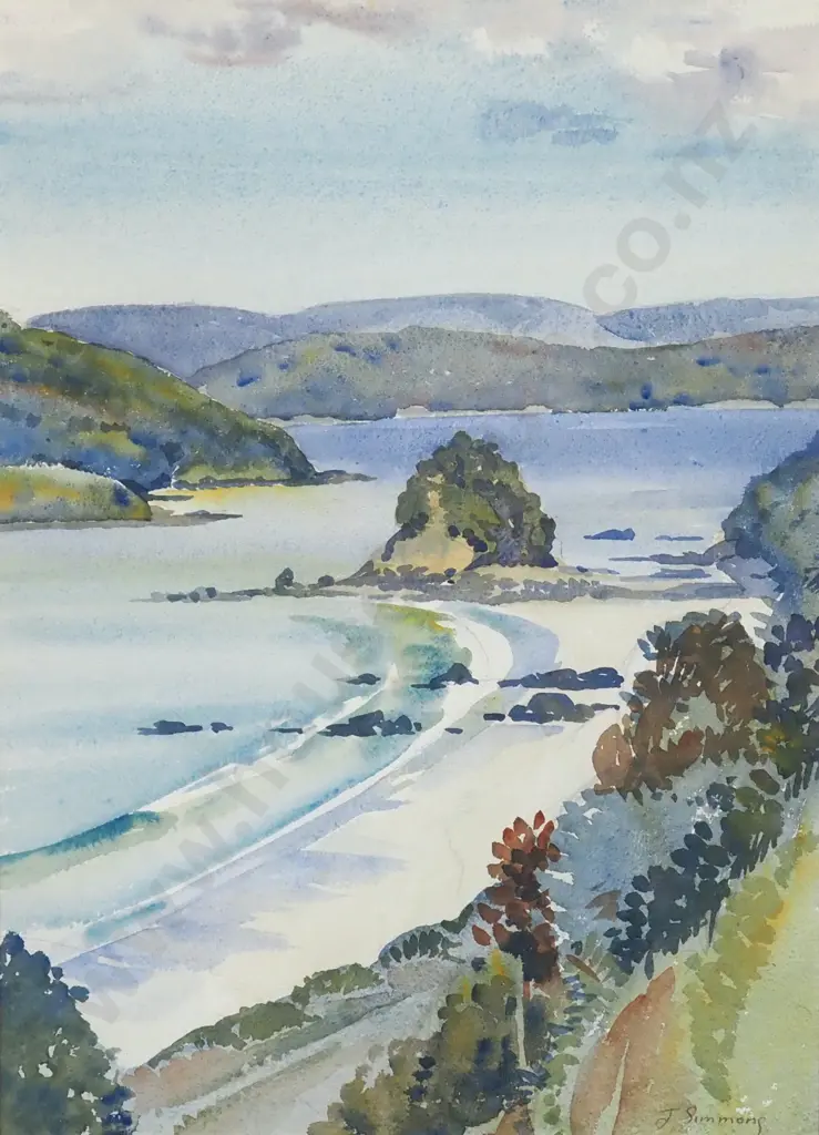 Joy Simmons. Ringa Ringa Beach, Stewart Island. Watercolour. Image 1++