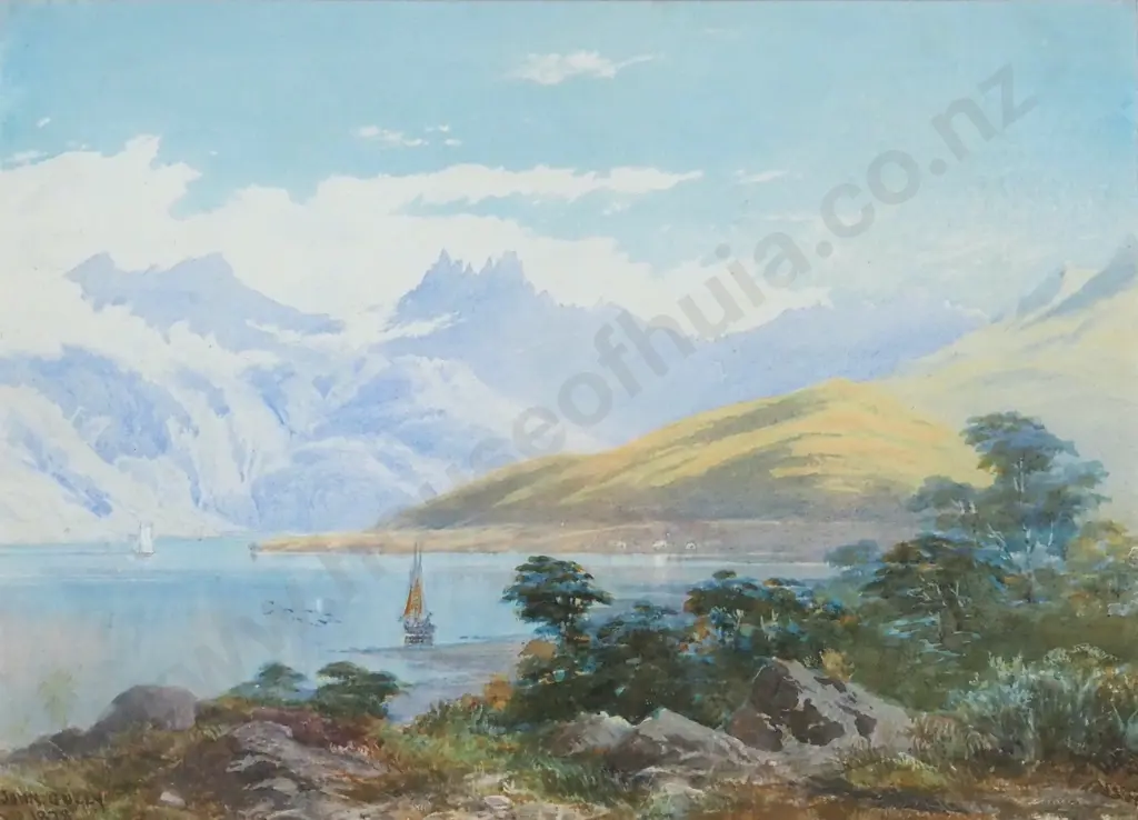 John Gully. 1878. Mt Gold, Lake Wanaka & Mount Burke Station. Watercolour. Image 1++