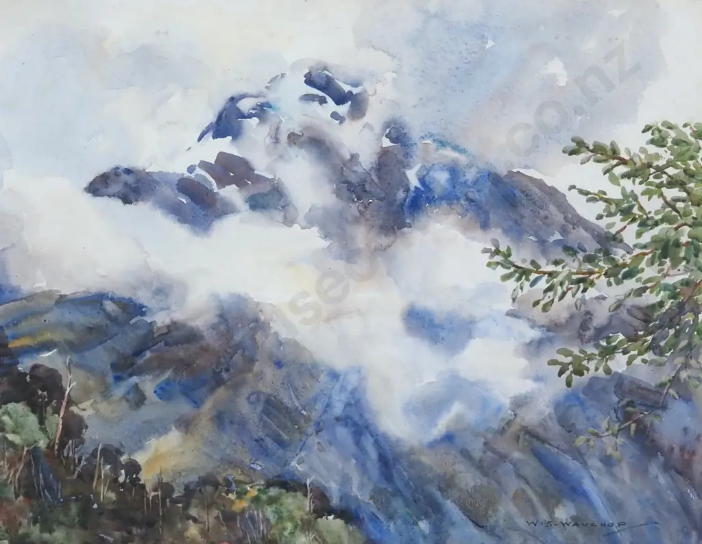 W.S. Wauchop. South Island Alpine Landscape w Rising Mists. Watercolour. Image 1++