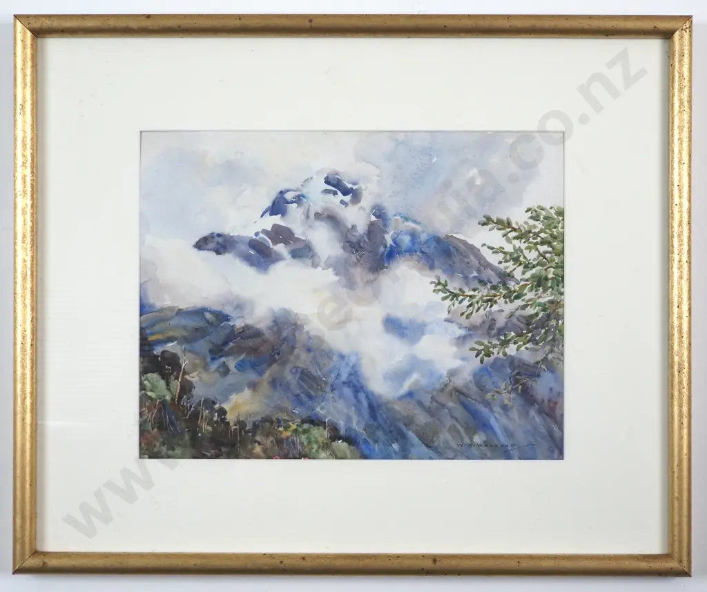 W.S. Wauchop. South Island Alpine Landscape w Rising Mists. Watercolour. Image 1++