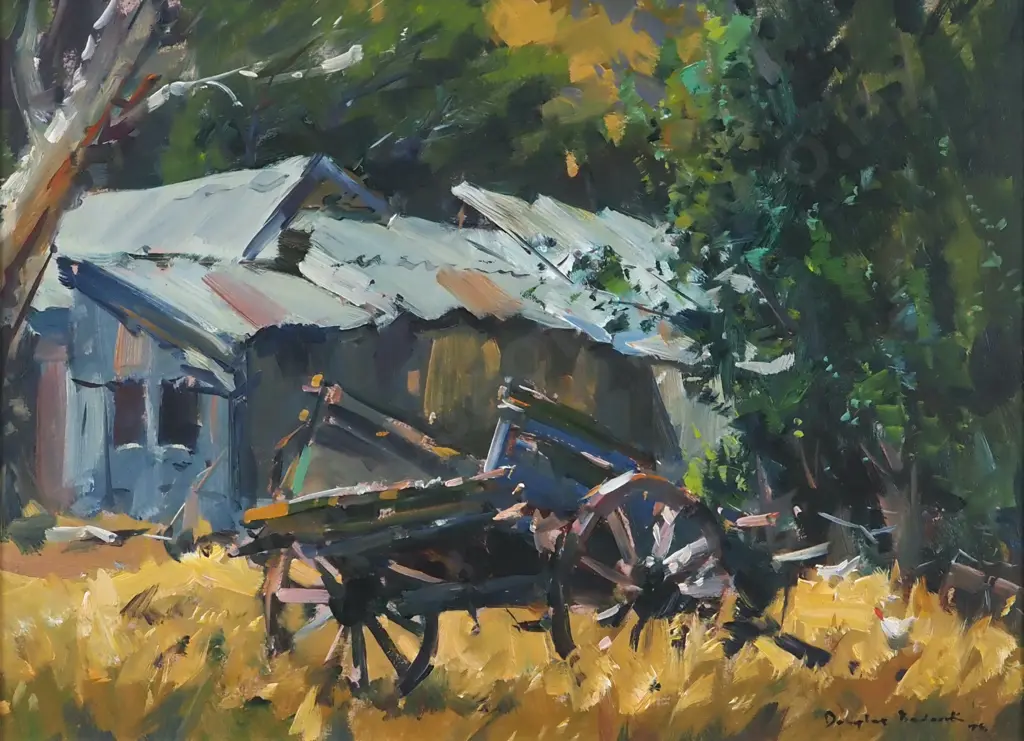 Douglas Badcock. Old Cart & Barn. Gibbston, Otago. Oil On Board. Image 1++