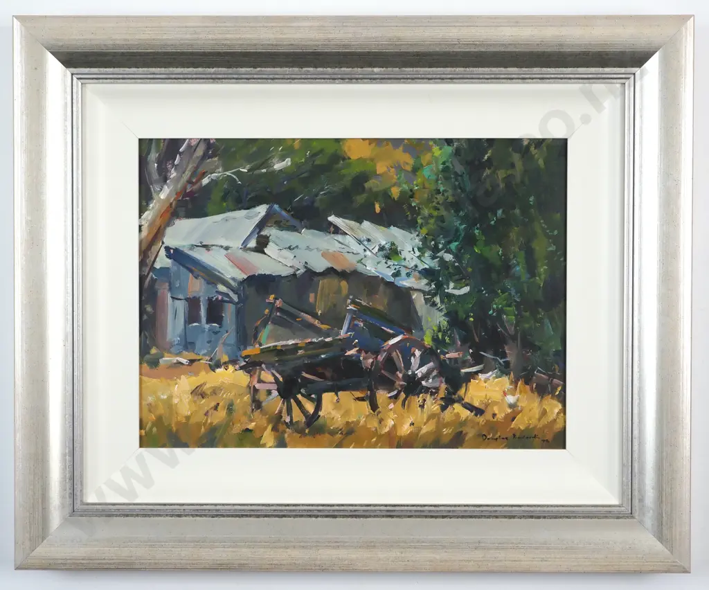 Douglas Badcock. Old Cart & Barn. Gibbston, Otago. Oil On Board. Image 1++