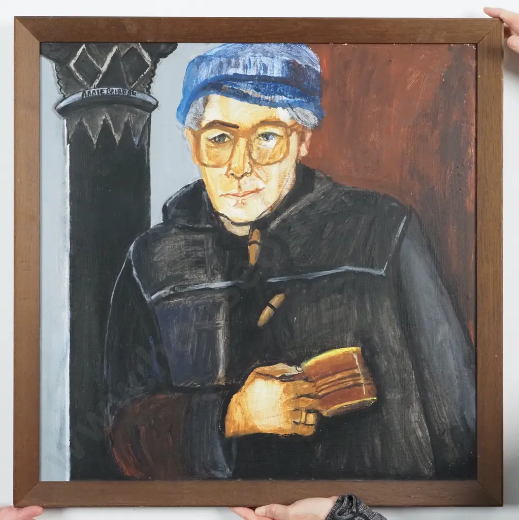 Annie Baird. 1984. Portrait of a Man in a Dufflecoat & Blue Hat. Oil on Board. Image 1++