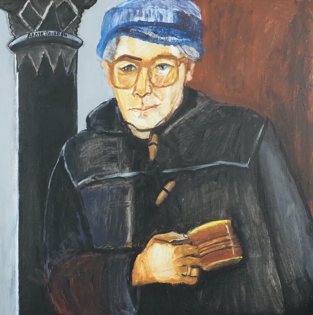 Annie Baird. 1984. Portrait of a Man in a Dufflecoat & Blue Hat. Oil on Board. Image 1++