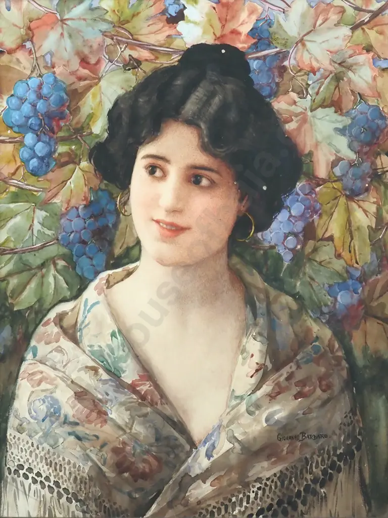 Giovanni Barbaro. Portrait Of A Young Girl Amongst The Grape Vines. Watercolour. Image 1++