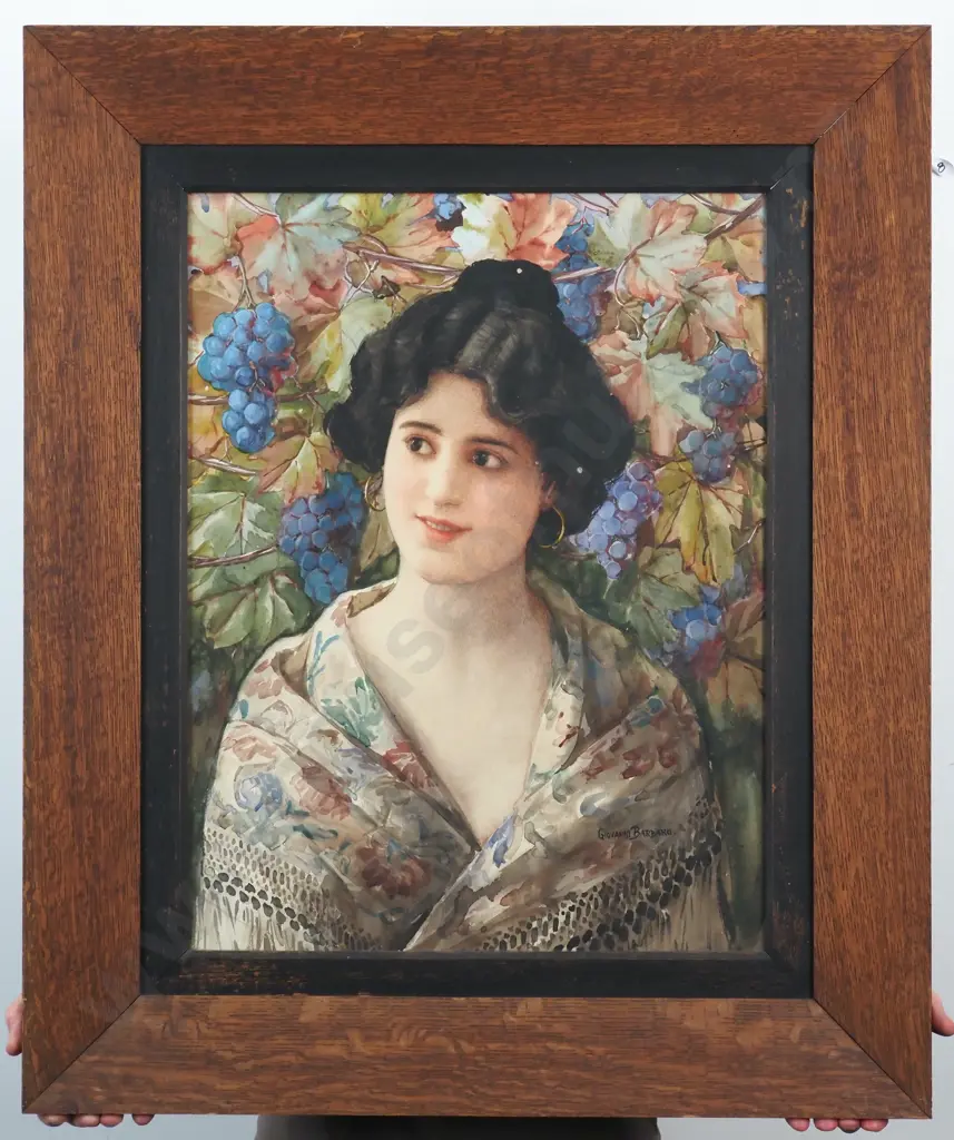 Giovanni Barbaro. Portrait Of A Young Girl Amongst The Grape Vines. Watercolour. Image 1++
