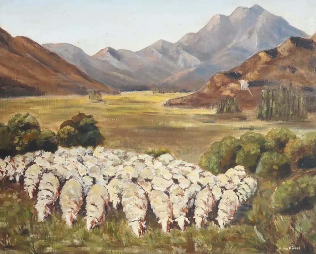 Hilda Rivers. Flock Of Sheep. Oil On Board. Image 1++