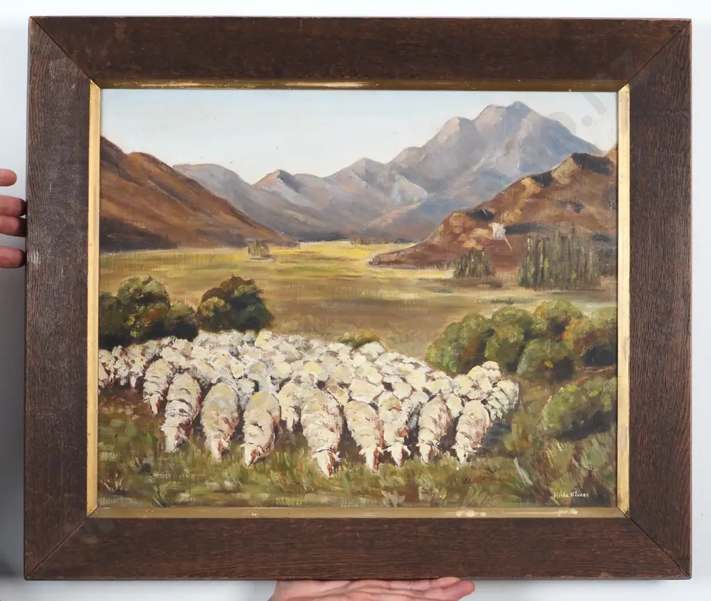 Hilda Rivers. Flock Of Sheep. Oil On Board. Image 1++