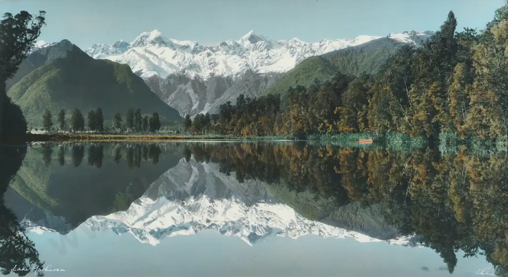 Whites Aviation. Lake Matheson. Hand Coloured Photograph. Image 1++