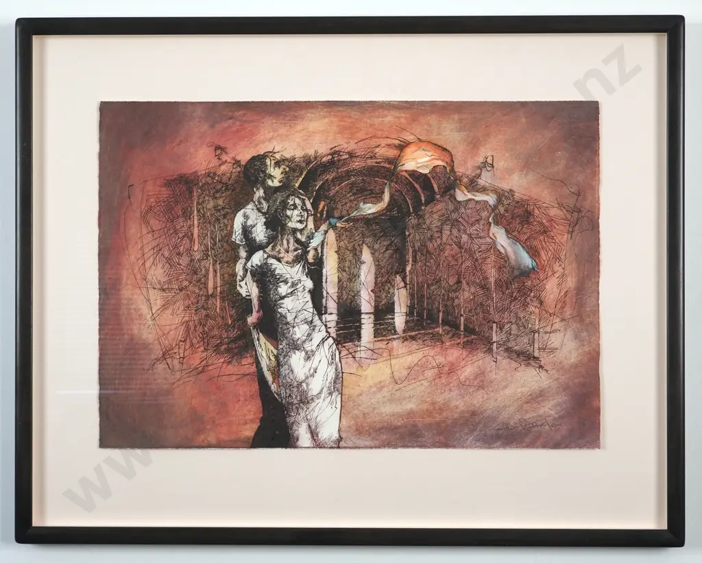 Chris Reddington. 1998. A Couple & Garden, Wind & Scarf. Possibly a Hand Coloured Etching on Watercolour Paper.. Image 1++