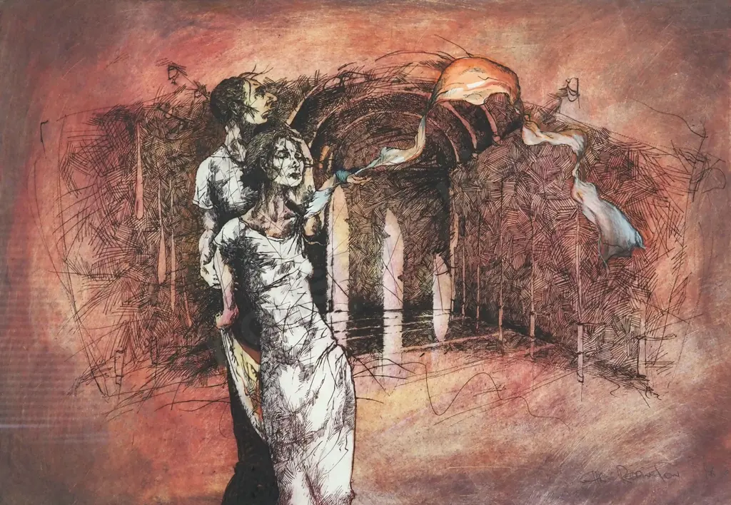 Chris Reddington. 1998. A Couple & Garden, Wind & Scarf. Possibly a Hand Coloured Etching on Watercolour Paper.. Image 1++