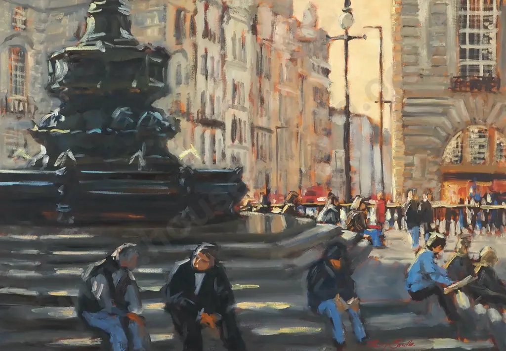 Philip Beadle. On the Steps of Eros, Piccadilly Circus. Oil. Image 1++