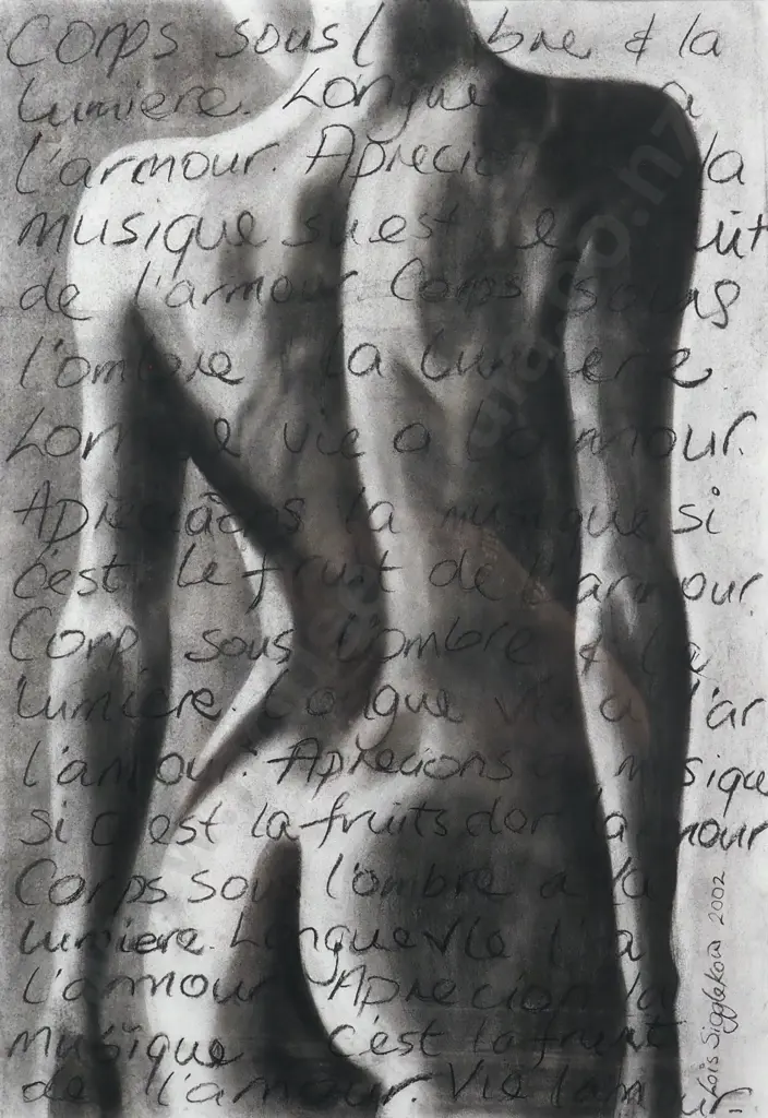Lois Sigglekow. 2002.  Nude Overlaid w French Writing. Image 1++
