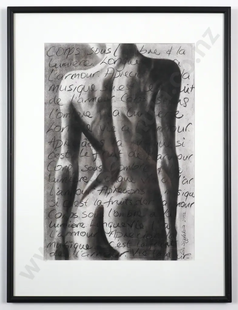 Lois Sigglekow. 2002.  Nude Overlaid w French Writing. Image 1++