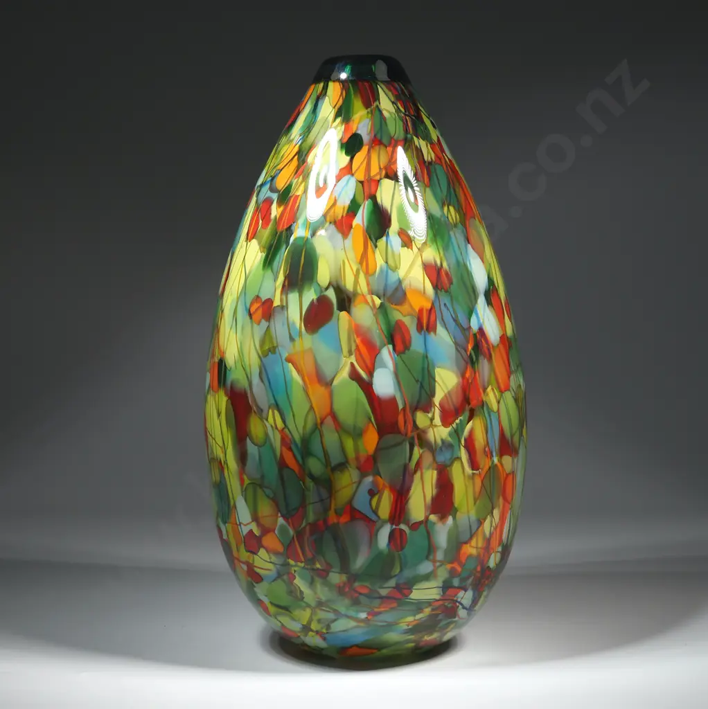 Keith Grinter. Water Teardrop Art Glass Vase w Silver Rim. Image 1++