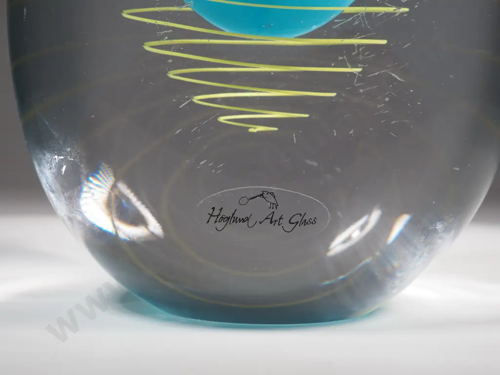 Hoglund Art Glass Vase - Clear Glass, w Submerged Turquoise Centre Surrounded by Yellow Spiral. Image 1++