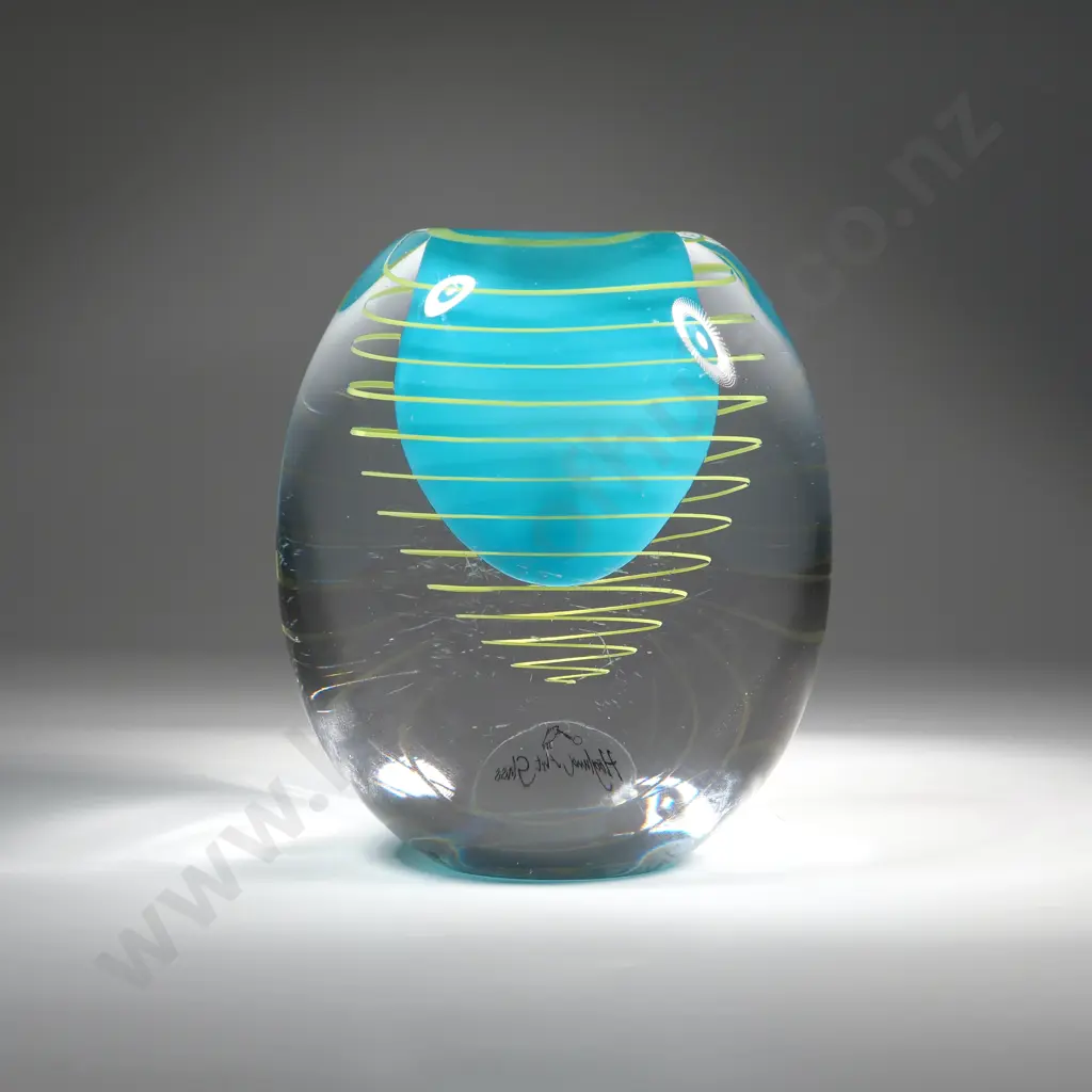 Hoglund Art Glass Vase - Clear Glass, w Submerged Turquoise Centre Surrounded by Yellow Spiral. Image 1++