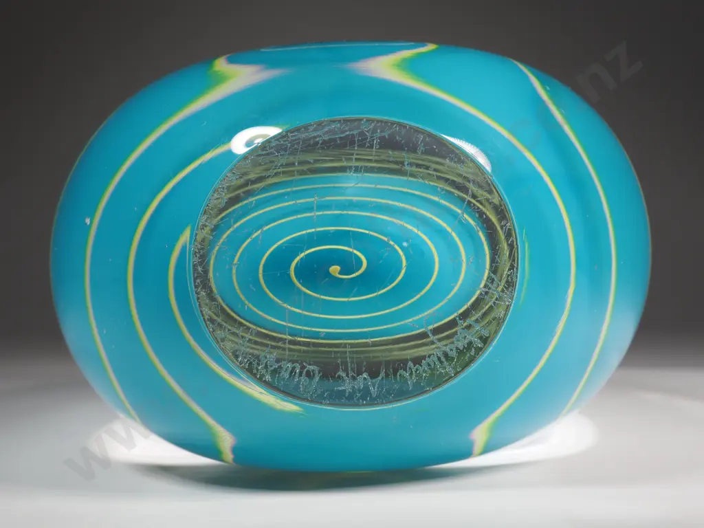 Hoglund Art Glass Vase - Clear Glass, w Submerged Turquoise Centre Surrounded by Yellow Spiral. Image 1++
