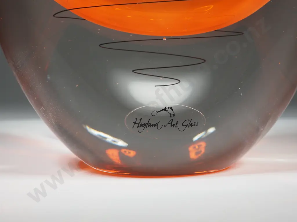 Hoglund Art Glass Vase. Clear Glass w Submerged Orange Core Surrounded by a Black Spiral. Image 1++