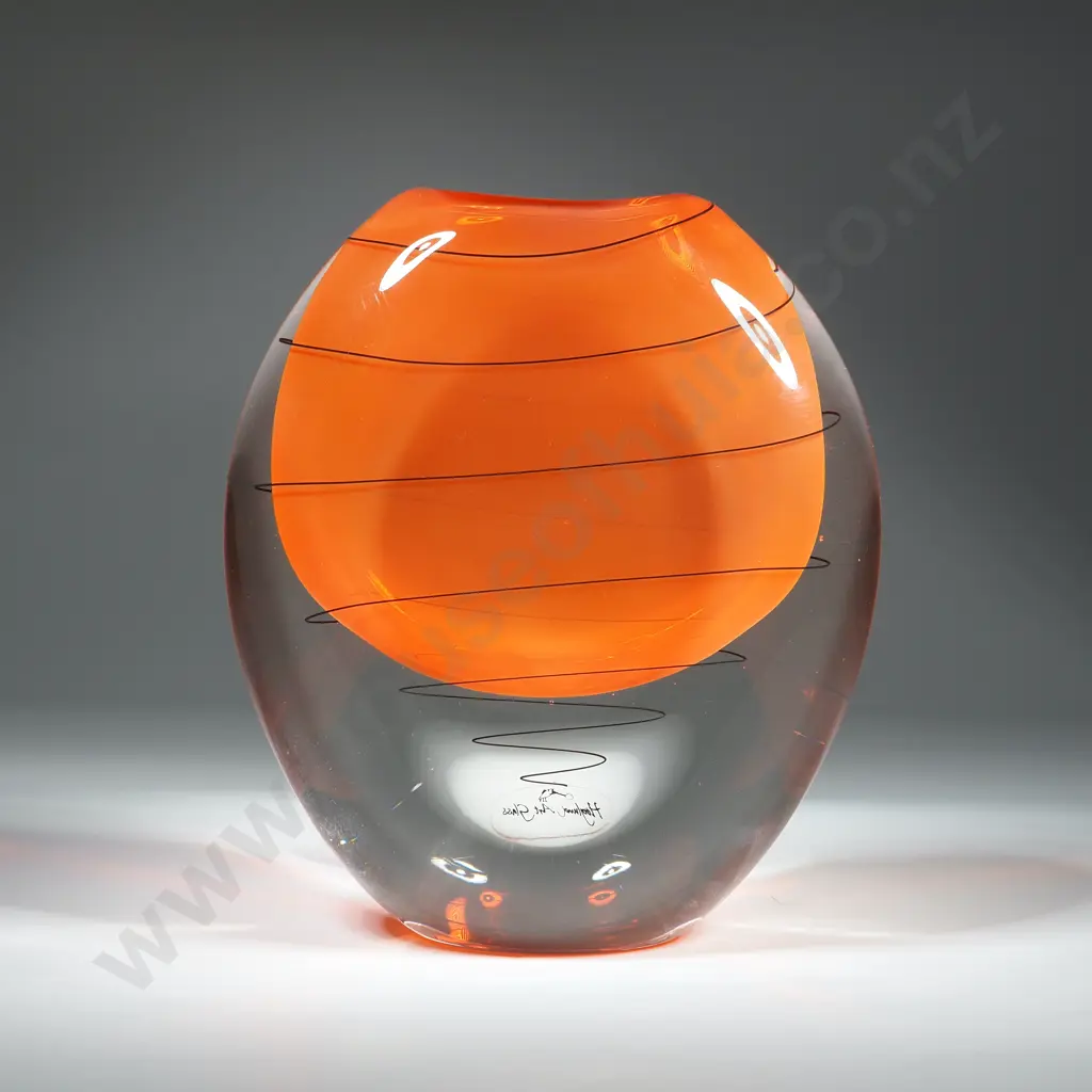 Hoglund Art Glass Vase. Clear Glass w Submerged Orange Core Surrounded by a Black Spiral. Image 1++