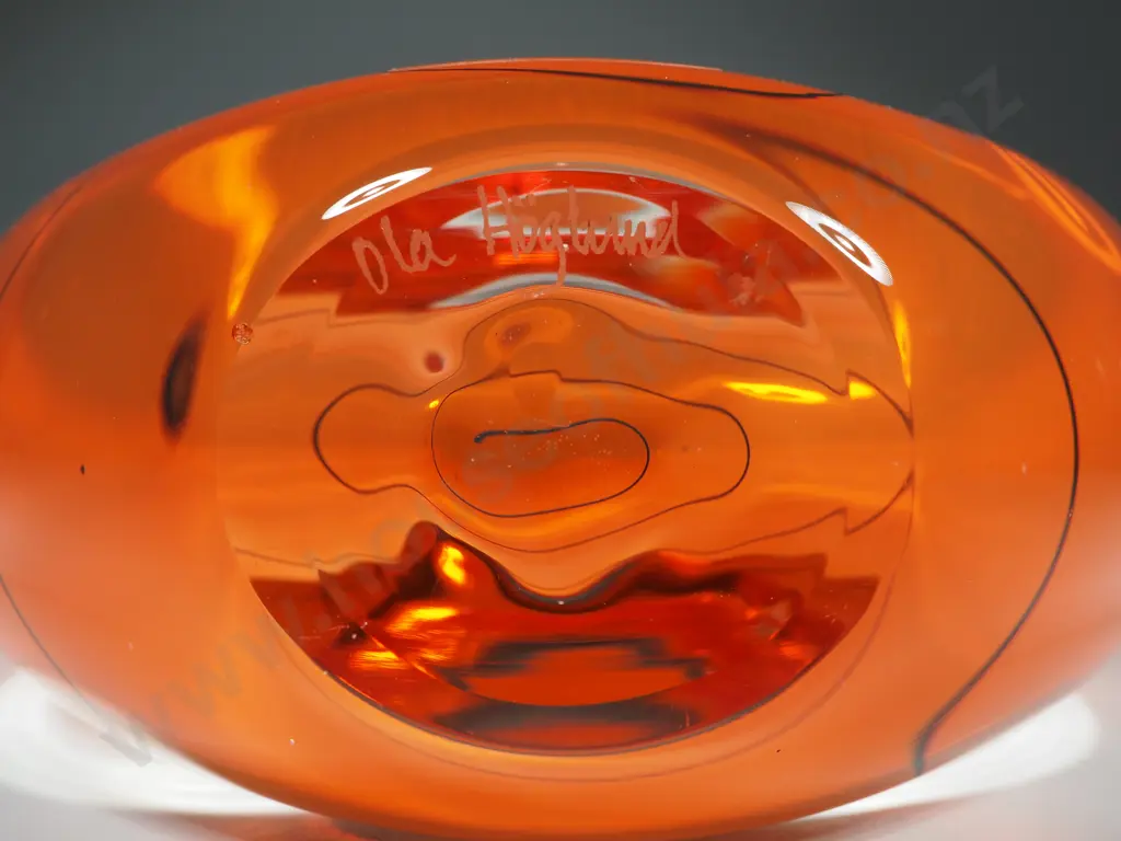Hoglund Art Glass Vase. Clear Glass w Submerged Orange Core Surrounded by a Black Spiral. Image 1++