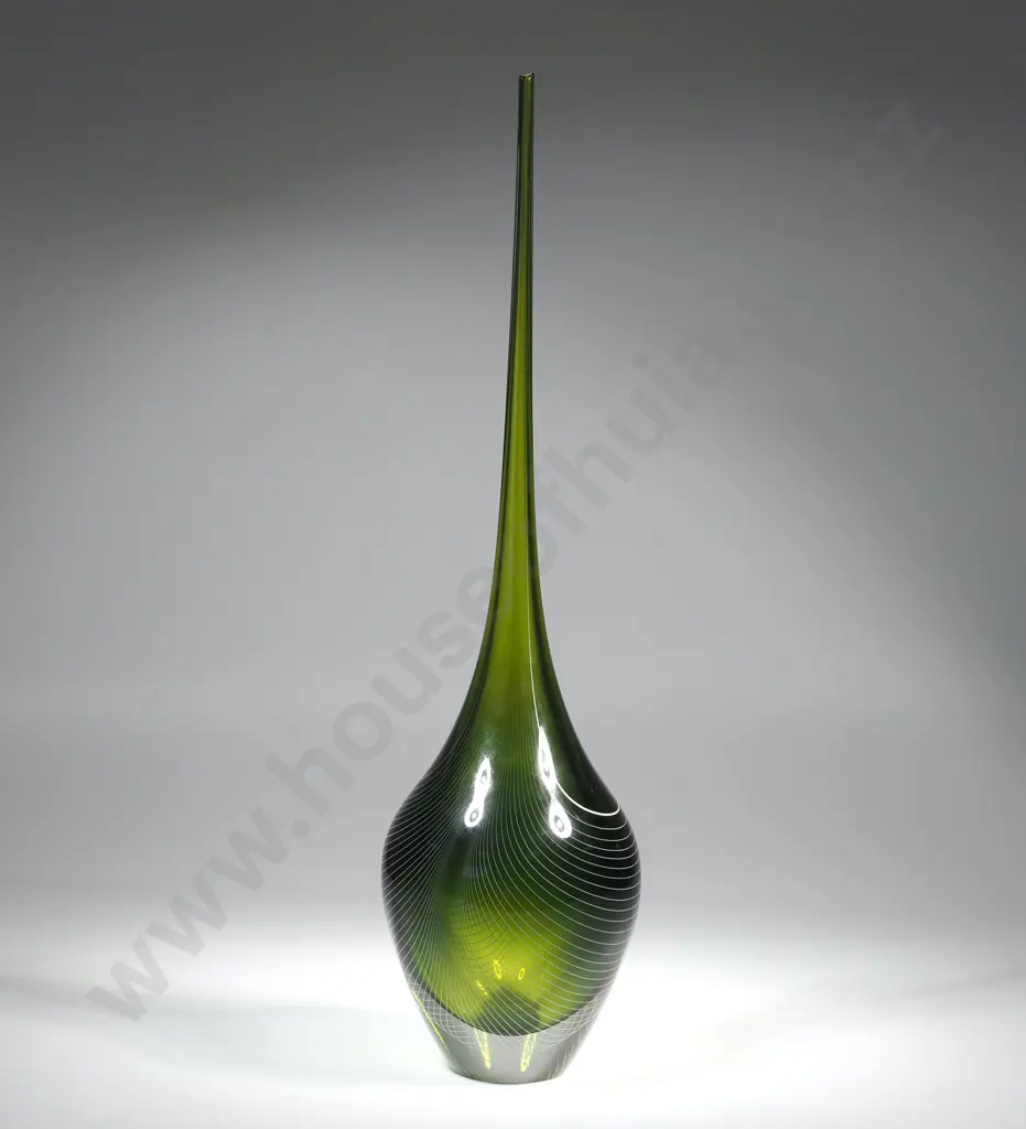 Katie Brown, Green Art Aroha Glass Vase With White Trails. Signed To Base Image 1++