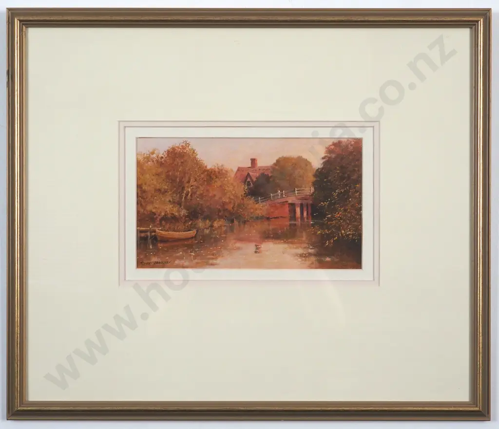 Tony Johnson. Country Scene with Cottage, Bridge & Dinghy. Oil on Canvas. Image 1++