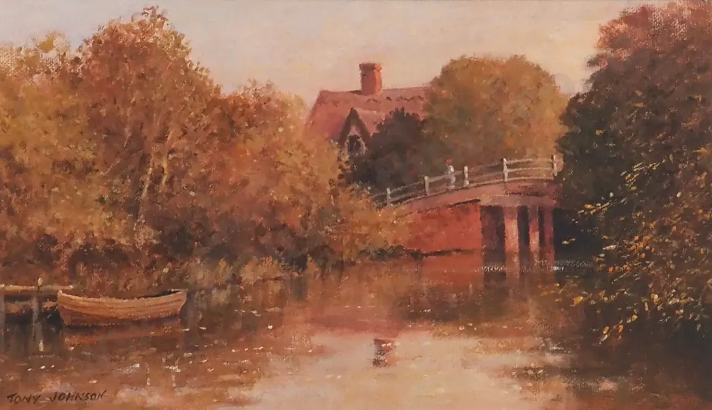 Tony Johnson. Country Scene with Cottage, Bridge & Dinghy. Oil on Canvas. Image 1++