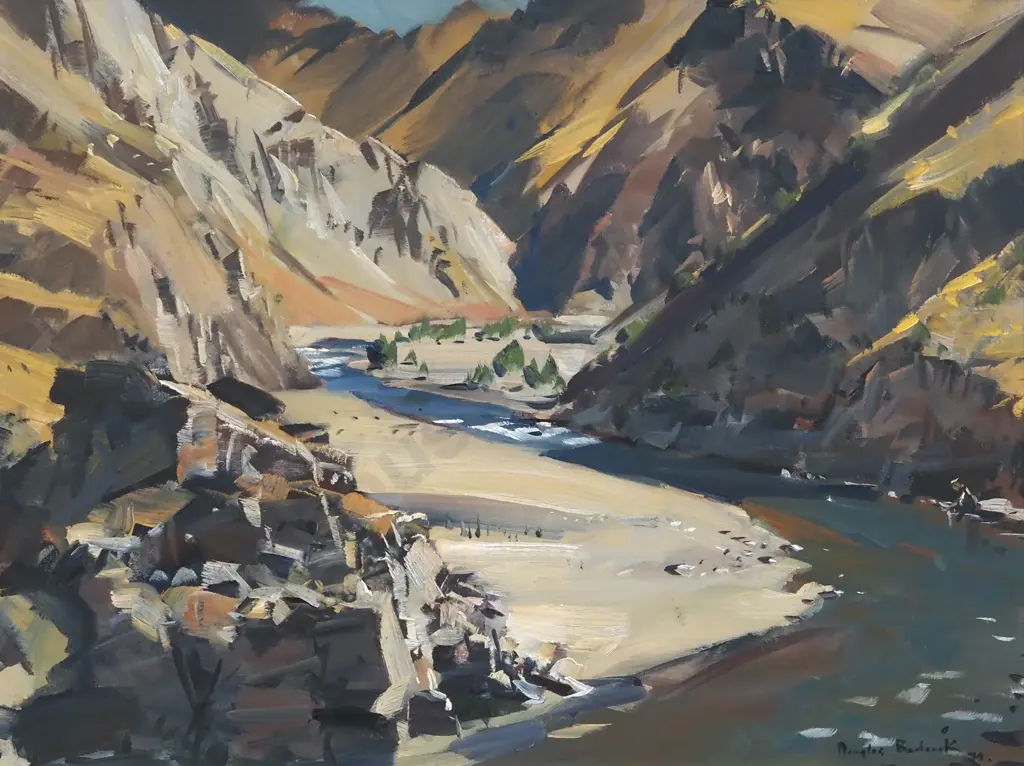 Douglas Badcock. Mid Summer Afternoon - Junction Between Nevis & Kawarau River Area. Oil on Board Image 1++